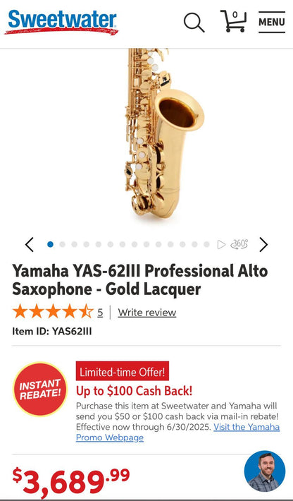 Yamaha YAS-62III Professional Alto Saxophone 2010s - Lacquered Brass